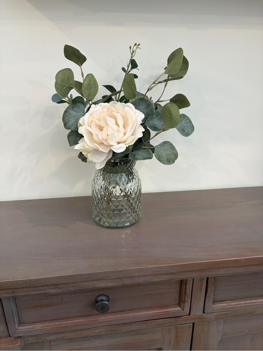 Vintage diamond glass vase with cream Peony and‎ Green Eucalyptus floral mix